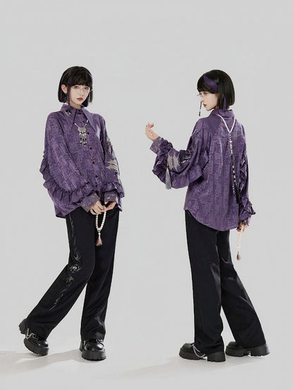 Sleeves Style Unisex with Shirt Flounce and Embroidery Chinese Purple