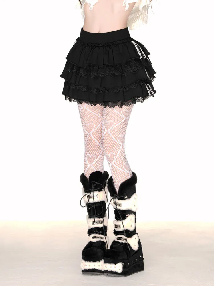 ティアードスカート ブラック/ホワイト レーストリム