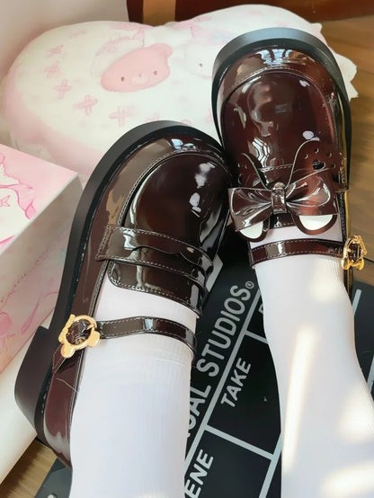 Brown Bear Detachable Buckle Bow Teddy Shoes with - Style Polished PU School Mid-heel