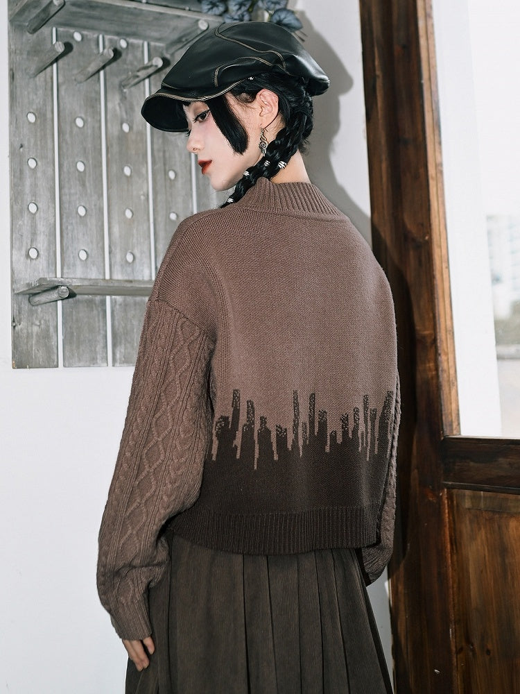 Leaf Sweater with Cheongsam Goth Brown Design Neck Mock Embroidery