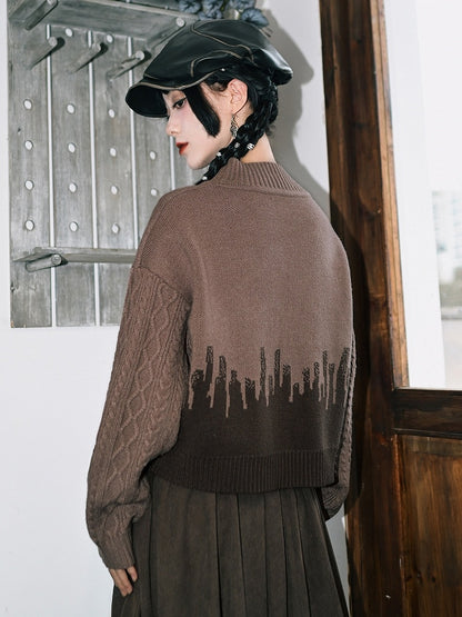 Leaf Sweater with Cheongsam Goth Brown Design Neck Mock Embroidery