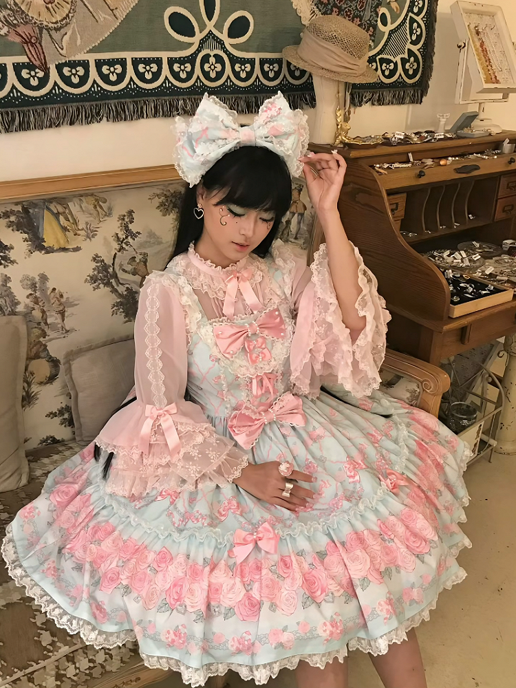 Mint Green Rosette Print Lace JSK Dress - TaTaTa