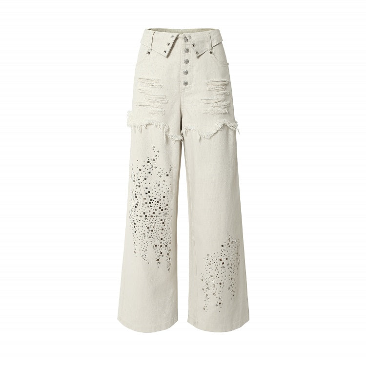 Aprikosenfarbene Distressed-Jeans mit weitem Bein und Strass