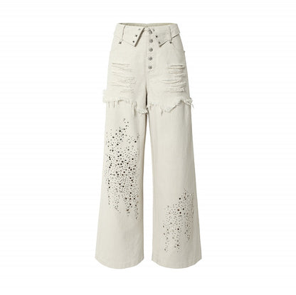 Aprikosenfarbene Distressed-Jeans mit weitem Bein und Strass