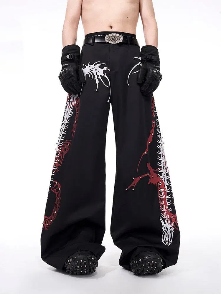 Bone with Wide-leg Black Men's Snake Pants Pattern