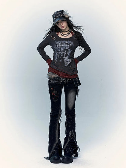 レースアップとダメージ加工の穴があいたグレー＆レッドのホルターネックトップス