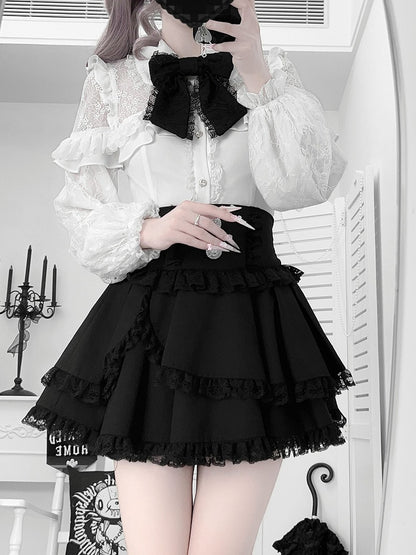 Tiered Design Detail Skirt Jirai and Layered Kei Black Lace Bow Trim with
