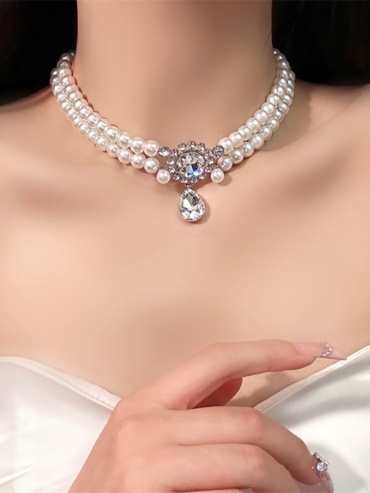 Strass Anhänger Vintage Weiße Perlen Choker