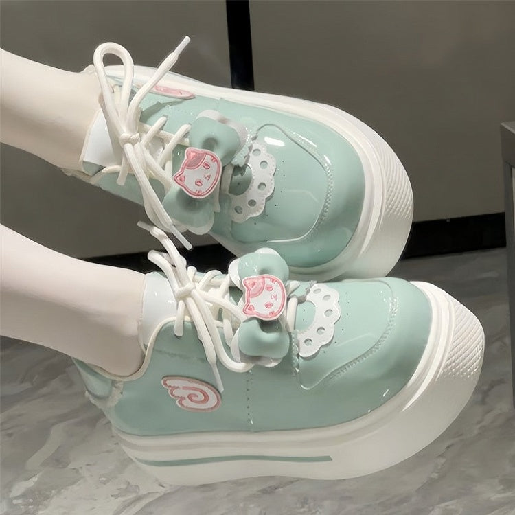 Sneakers Round-Toe Green with Appliques Lolita Wing Cat Light Sweet Platform