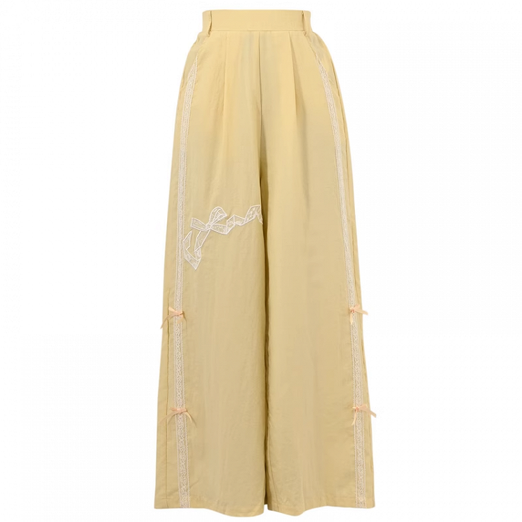 Hose mit weitem Bein und Schleifenstickerei, Gelb, normale/kurze Version, hohe Taille