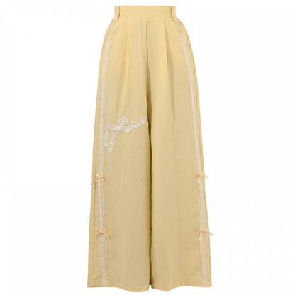 Hose mit weitem Bein und Schleifenstickerei, Gelb, normale/kurze Version, hohe Taille