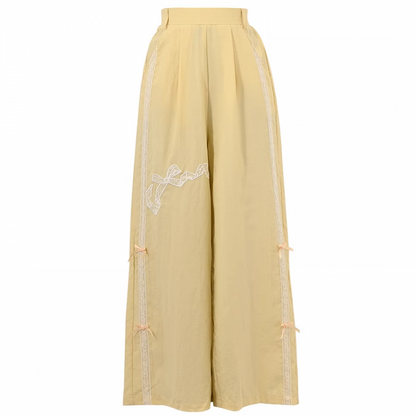 Yellow Regular/Short Version Wide-Leg Pants Bowknot Embroidery High Waist