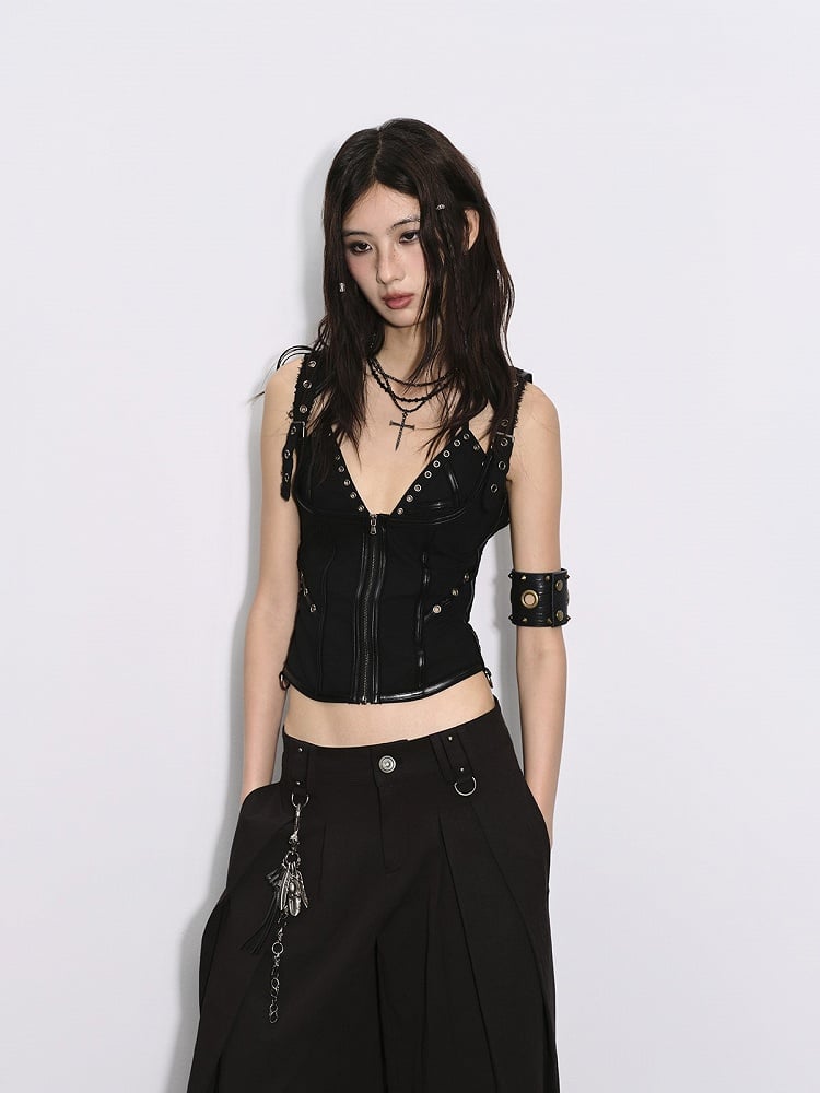 Halter Black Bralette with Grommet Studs Punk Accents