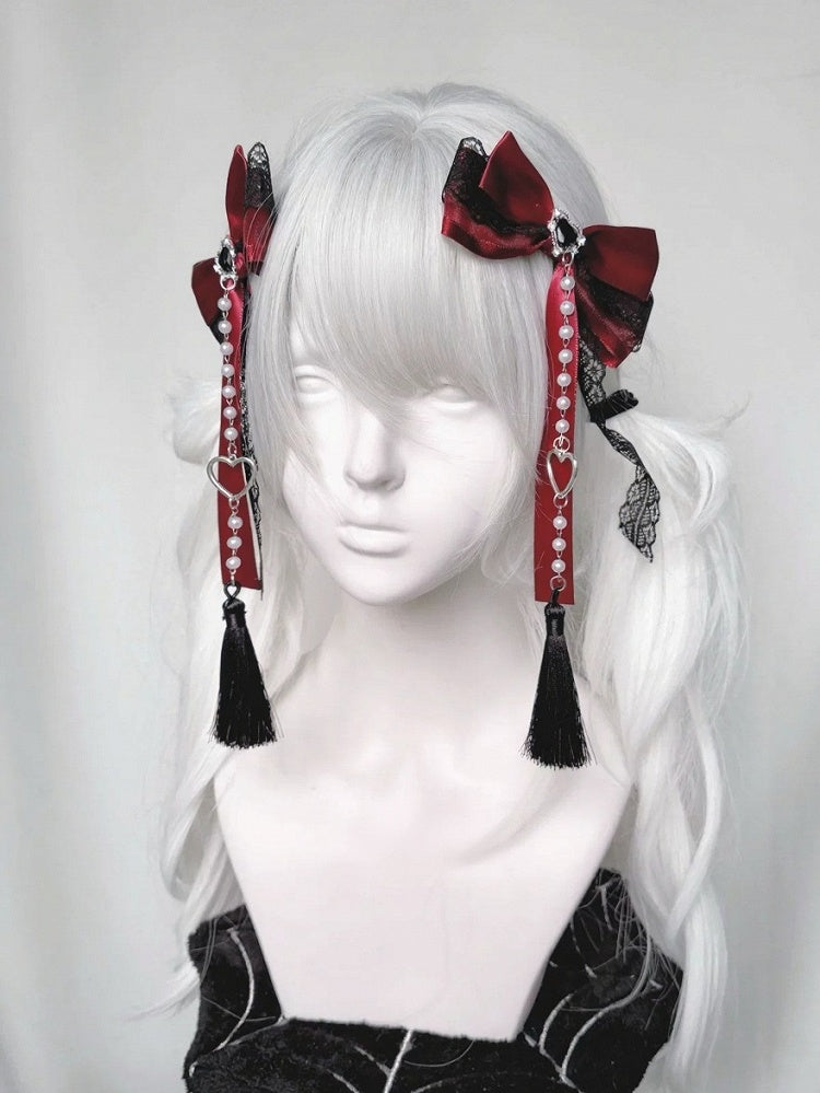 Bow Lace Hair Clip with Heart and Bead Charms - fallen angel