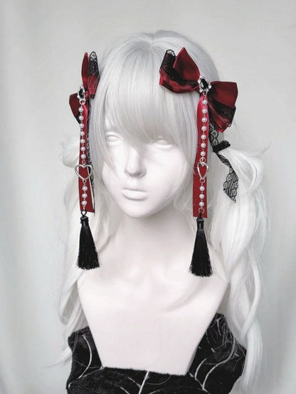 Bow Lace Hair Clip with Heart and Bead Charms - fallen angel