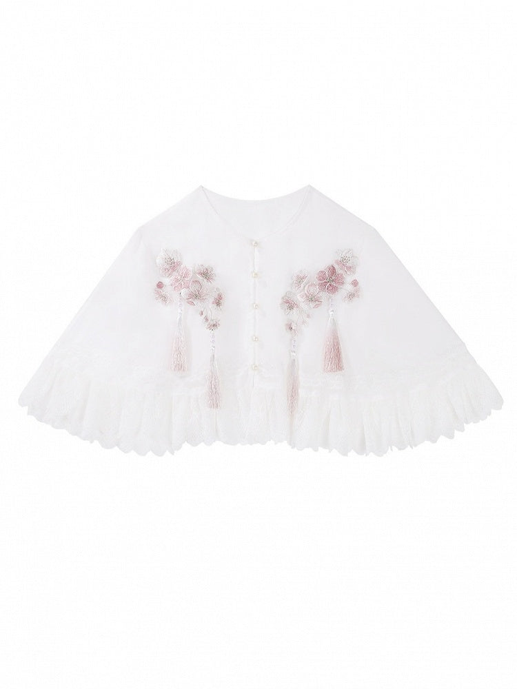Pink Embroidered Floral Lace-Edged Hanfu-Style Lolita Cape in White - Han Ru Chu Hanfu &amp; Han-Element Studi