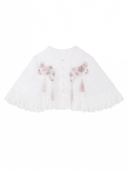 Pink Embroidered Floral Lace-Edged Hanfu-Style Lolita Cape in White - Han Ru Chu Hanfu &amp; Han-Element Studi