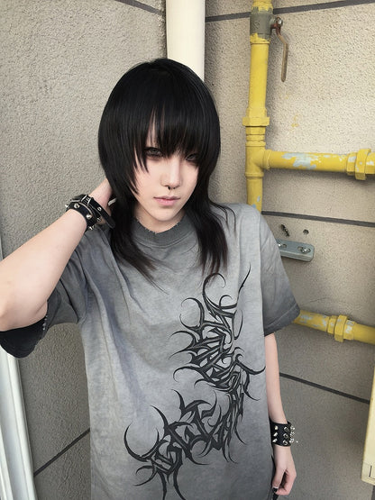 Print Greyish-Green Centipede T-Shirt Wasteland Graffiti with Distressed Tattoo-Style Edgy