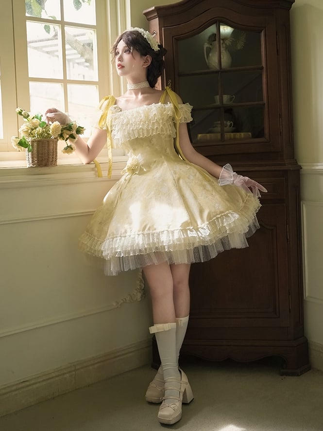 Light Yellow Butterfly Floral Print JSK Dress Set - With PUJI