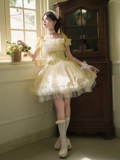 Butterfly Print Light Yellow Versatile Neck Lolita JSK Dress with Detachable Shoulder Straps - With PUJI
