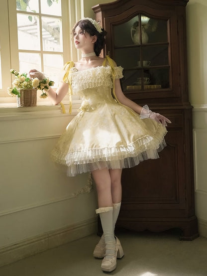 Light Versatile Full Dress Lolita JSK Neckline Floral Yellow Set and Butterfly Print