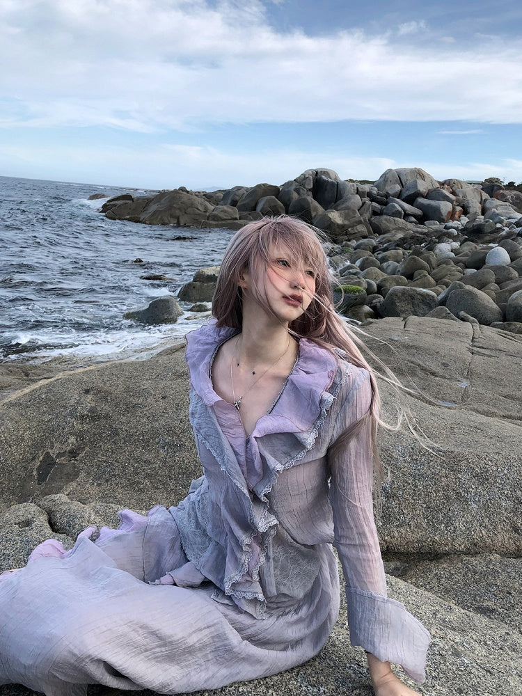 Dusty Sleeve Purple Cascading Long Flounce with Trim Top