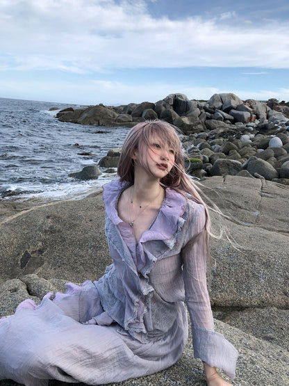 Dusty Sleeve Purple Cascading Long Flounce with Trim Top