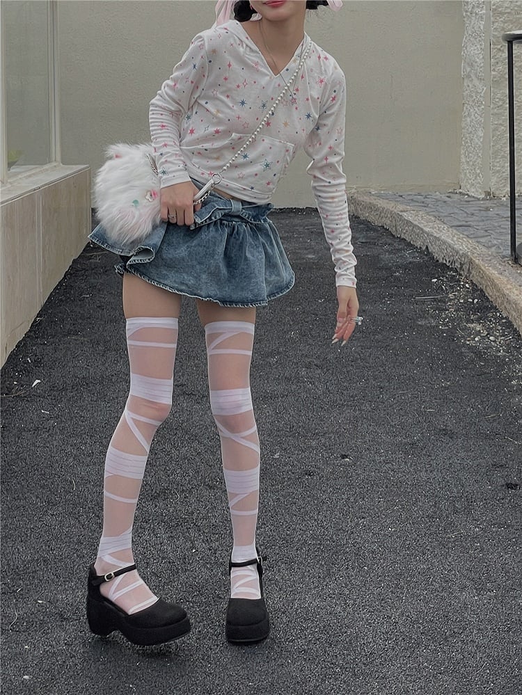 Black/White Semi-sheer Bandage Stockings