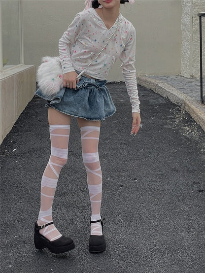 Black/White Semi-sheer Bandage Stockings