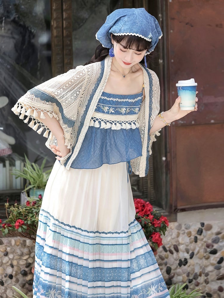 White and Blue Lace Tassel Cardigan with Floral Print Sleeveless Pleated Dress - Han Ru Chu Hanfu &amp; Han-Element Studi