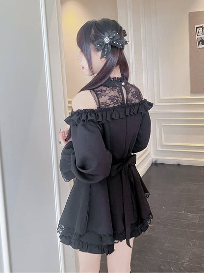 ジライケイイリュージョンフリルショーツ付きミニブラックスカート、カットアウトショルダードレス、ヘムネックラインセット