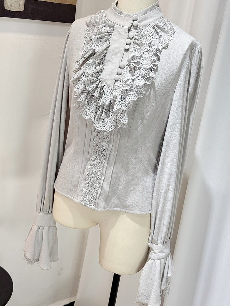 Gray Lace Ruffle Jabot Stand Collar Long Sleeve Blouse - Castle Too