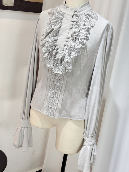 Gray Lace Ruffle Jabot Stand Collar Long Sleeve Blouse - Castle Too
