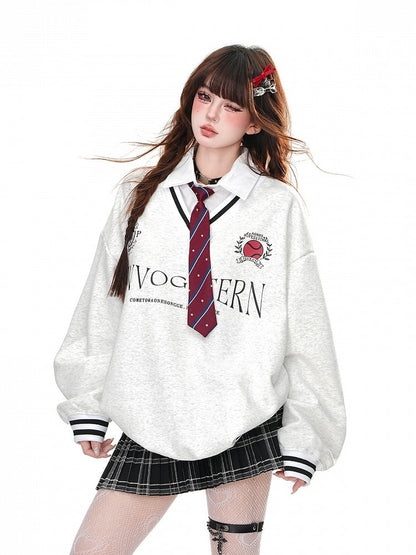 Gray Preppy Polo Collar Loose Sweatshirt with Tie Faux Two-pieces