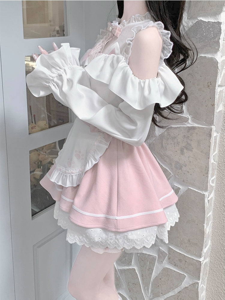 Pink-weißes Jirai Kei-Komplettset – Oberteil mit Illusionsausschnitt, ausgeschnittenen Schultern + Rock im Schürzendesign + Fliege