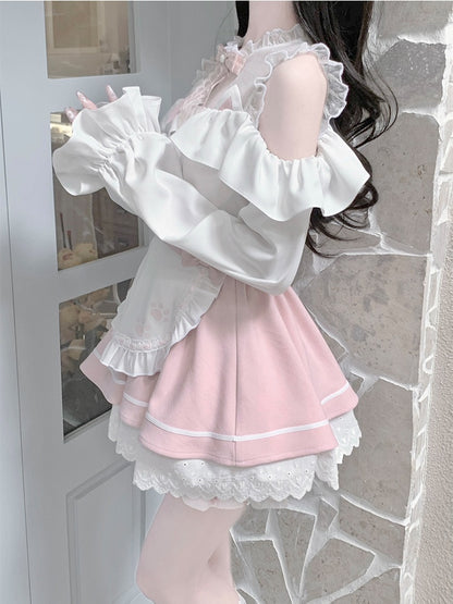 Pink-weißes Jirai Kei-Komplettset – Oberteil mit Illusionsausschnitt, ausgeschnittenen Schultern + Rock im Schürzendesign + Fliege