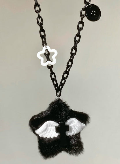 Schwarz/Rosa/Blau Plüsch Stern Flügel Kreuz Anhänger Halskette