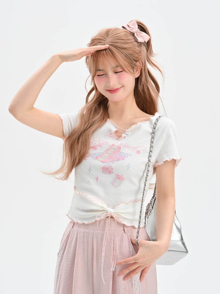 Sweet T-Shirt Big Hem Lettuce Hem White Cake Print Neckline Pins Bow
