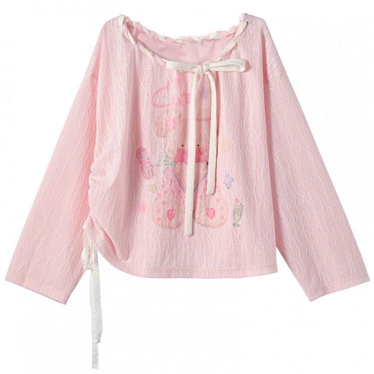 Pink/White Asymmetrical Neckline Drawstring Waist Teddy Bear Top