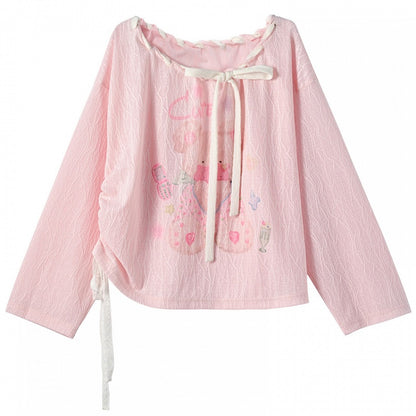 Pink/White Asymmetrical Neckline Drawstring Waist Teddy Bear Top