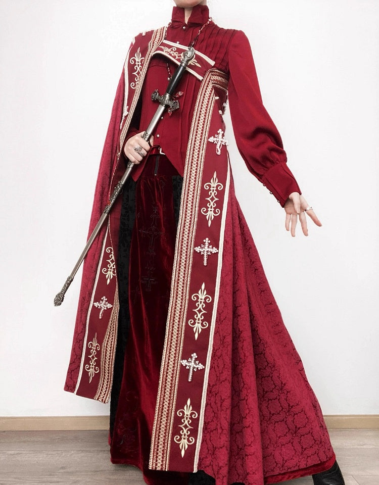 Cross Decorated Details Lolita Cloak and Wine Embroidery Red Nun