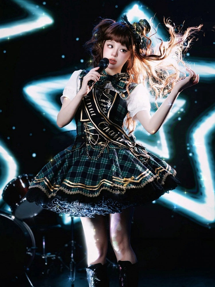 Green Idol Lolita Plaid JSK Dress with Golden Bear Embroidery and Black Scalloped Hem - LiLi Chain