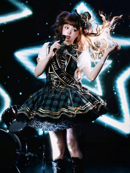 Green Idol Lolita Plaid JSK Dress with Golden Bear Embroidery and Black Scalloped Hem - LiLi Chain