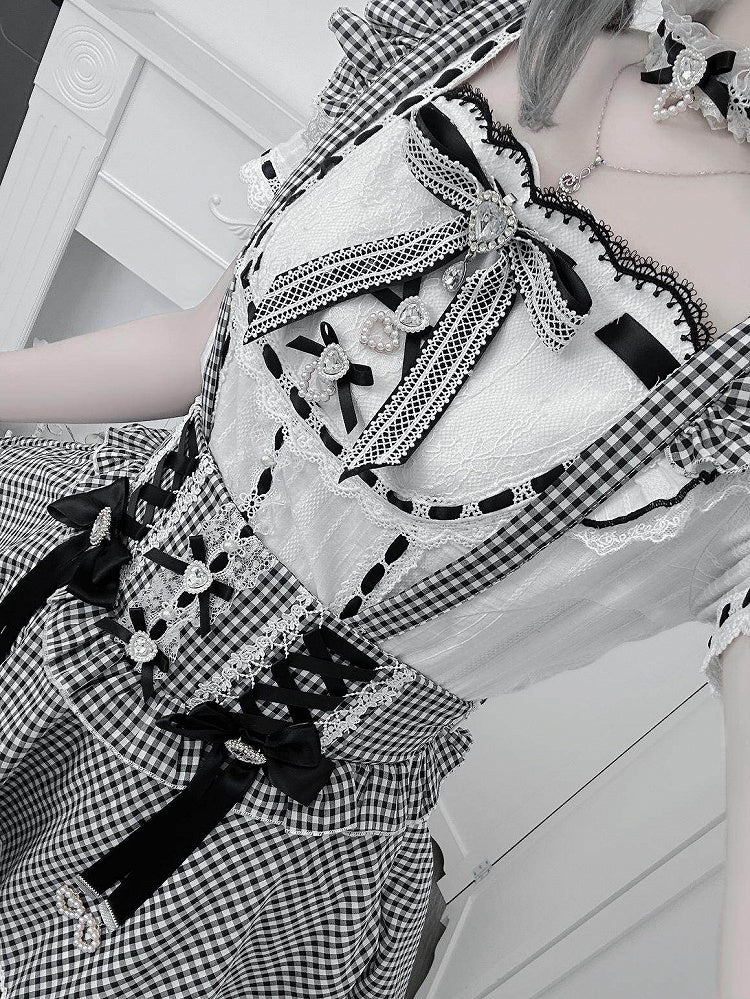 Black White Jirai Kei Square Neck Cotton Blouse with Bow Lace Details - Broken Bear
