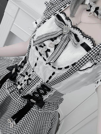Black White Gingham Jirai Kei Overall Skort with Bow Lace Details - Broken Bear