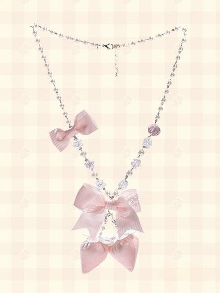 Lolita Necklace with Beaded Chain Strawberry Pink/Red/Blue Pendant