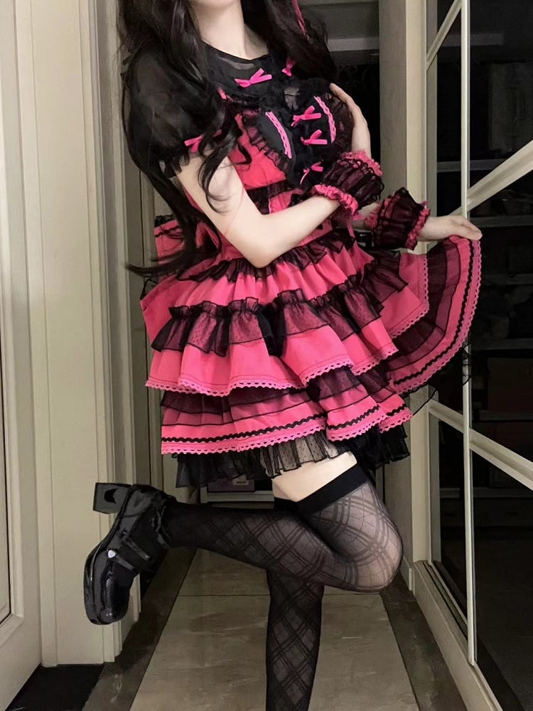 Accents Lolita Dress Sweet Hot Bow Ruffles Pink Layered with Black Heart Front