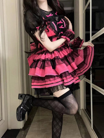 Accents Lolita Dress Sweet Hot Bow Ruffles Pink Layered with Black Heart Front