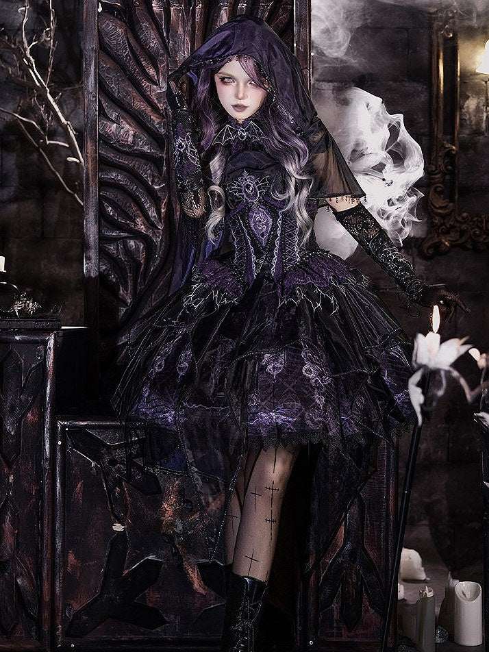 Black & Purple Bone Dragon Embroidery Halter Neck Gothic Lolita Dress Set - Ying Luo Fu