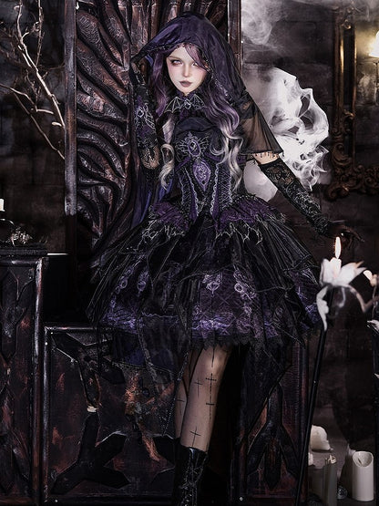 Black & Purple Bone Dragon Embroidery Halter Neck Gothic Lolita Dress Set - Ying Luo Fu